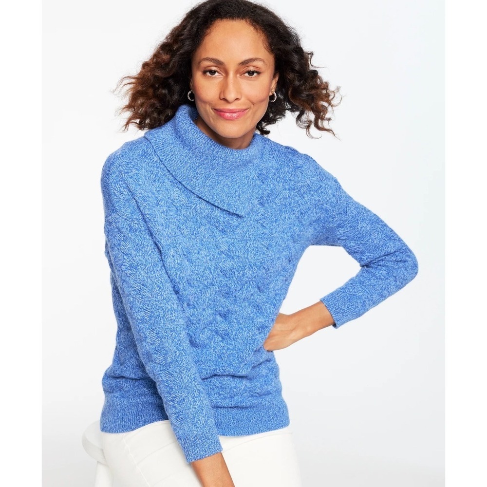 Talbots Basketweave Split Neck Sweater Blue Mock Neck Cozy Knit Pullover 1X